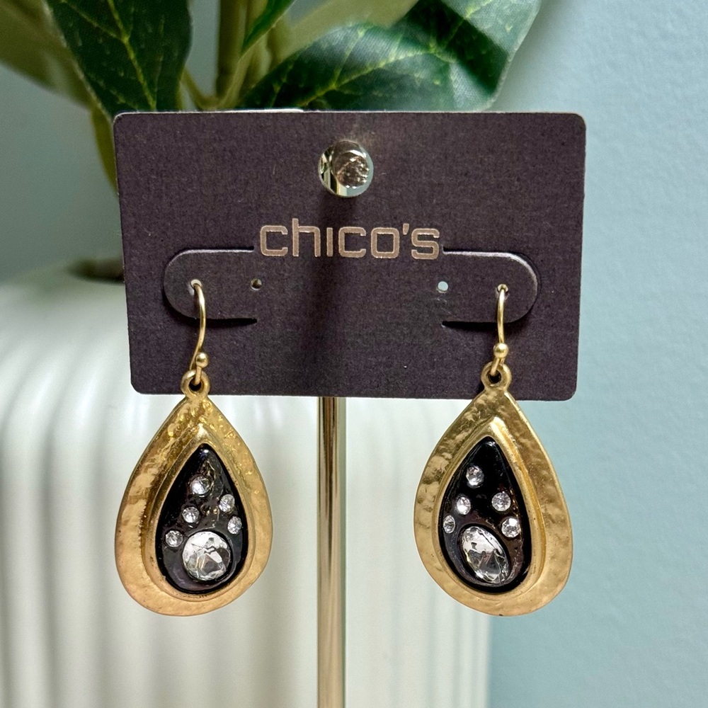 Chico's Gold & Black Teardrop Earrings with Celestial Design